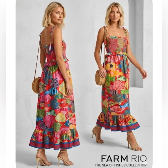 FARM RIO White Beaded Fishes Smocked Maxi Dress - Sea of Fish - Picture 1 of 11